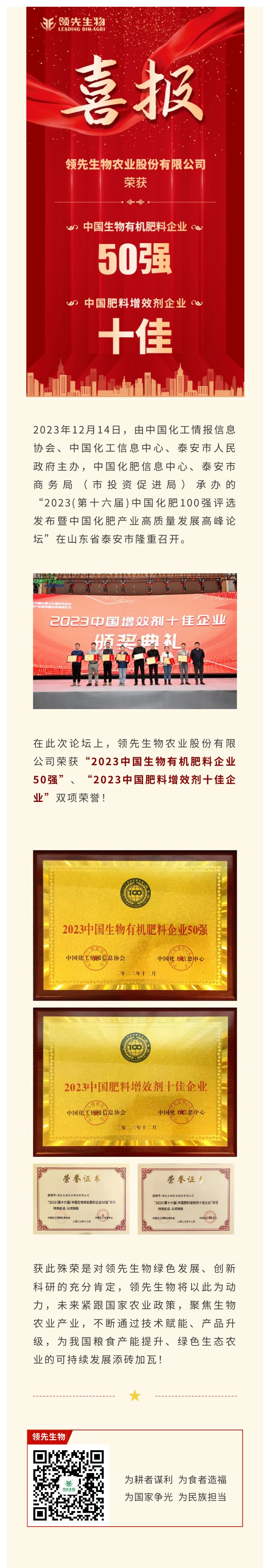 實力上榜 | 領先生物榮獲2023中國生物有機肥料企業(yè)50強！中國肥料增效劑十佳企業(yè)！